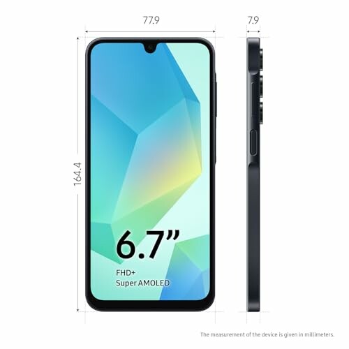 Smartphone with 6.7-inch FHD+ Super AMOLED display and dimensions.