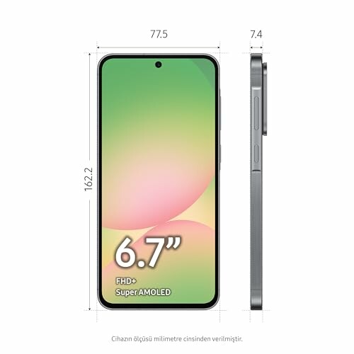 Smartphone with dimensions and Super AMOLED display.
