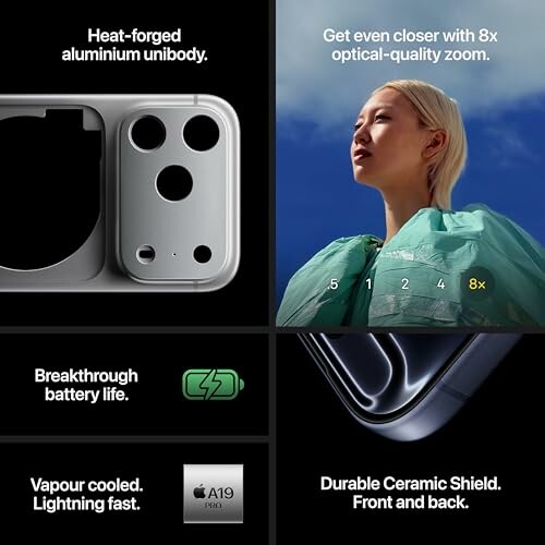 Collage showcasing smartphone features: aluminum unibody, optical zoom, battery life, cooling, and ceramic shield.