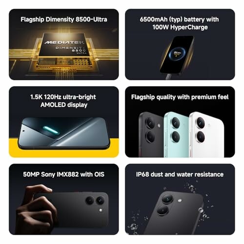 Smartphone features including Dimensity 8500 processor, 6500mAh battery, 120Hz AMOLED display, premium design, 50MP camera, and IP68 resistance.