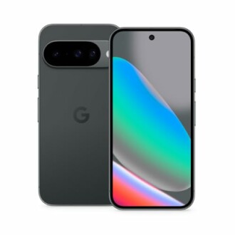 Front and back view of a smartphone with a colorful display.