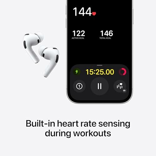 Smartphone displaying heart rate with wireless earbuds.