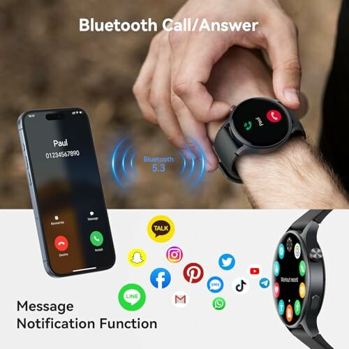 Smartwatch with Bluetooth call and message notification features.
