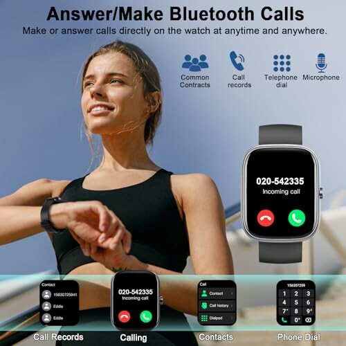 Woman using smartwatch for Bluetooth calls with various interface screens displayed.
