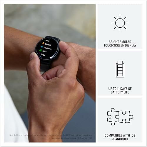 Smartwatch on wrist with fitness options and feature highlights.