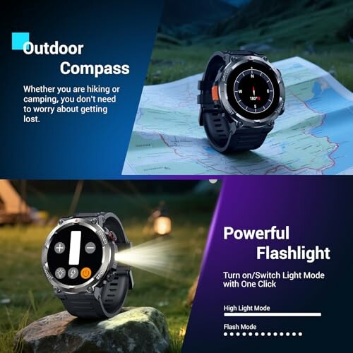 Smartwatch showcasing outdoor compass and powerful flashlight features.