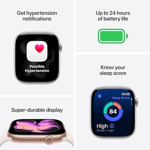 Smartwatch features: hypertension notifications, 24-hour battery, durable display, sleep score.