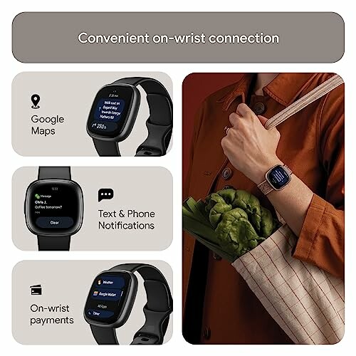 Smartwatch with Google Maps, notifications, and payment features.