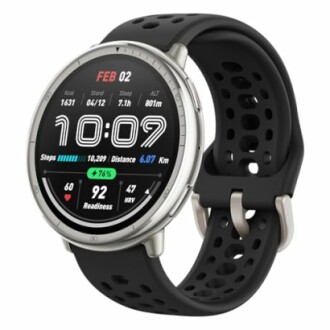 Smartwatch with fitness tracking features and black strap