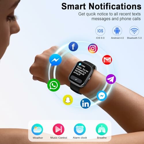 Smartwatch displaying notifications from various apps like Facebook, Twitter, and WhatsApp.