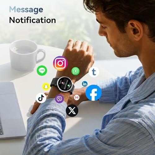 Person checking smartwatch with social media notifications.