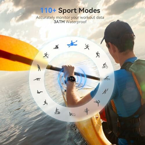 Person kayaking with smartwatch displaying sport modes