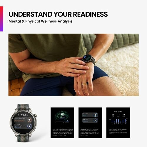 Person checking smartwatch for wellness analysis data