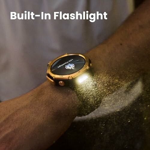 Smartwatch with built-in flashlight feature on wrist.