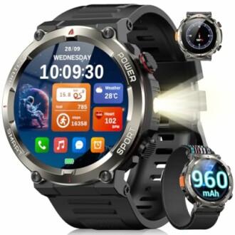 Smartwatch with flashlight feature and health tracking display.