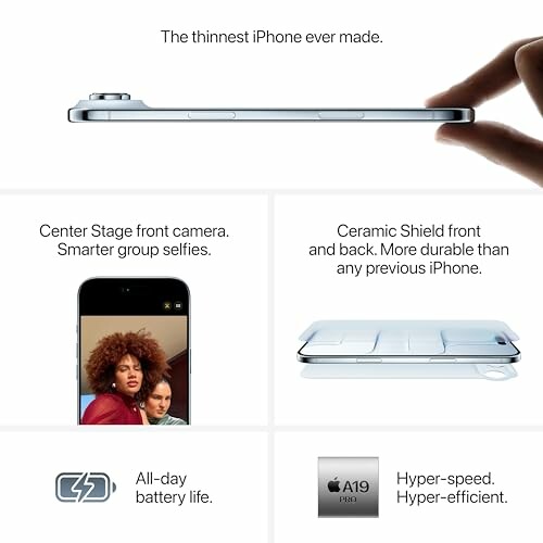 Promotional image of the thinnest iPhone, highlighting features like Center Stage camera, Ceramic Shield, all-day battery life, and A19 chip.
