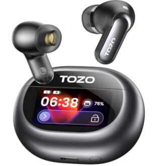 TOZO wireless earbuds with charging case displaying time and battery life.