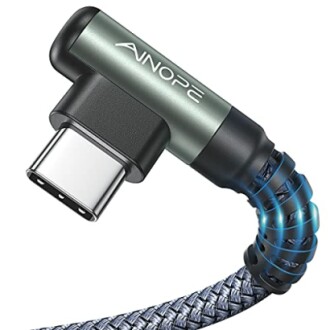 Right angle USB-C cable with flexible braided design.