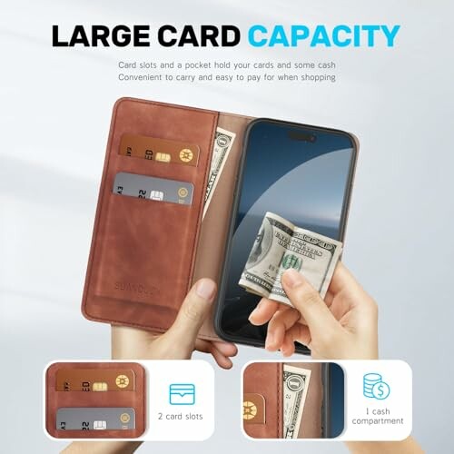 Wallet phone case with large card capacity and cash compartment.