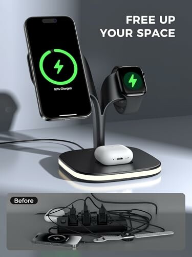 Wireless charging dock for phone, watch, and earbuds with space-saving design.