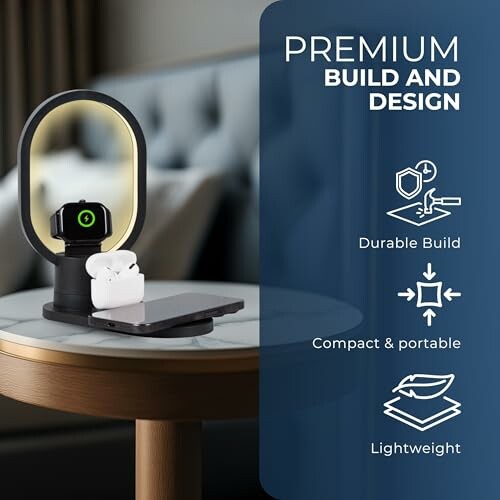 Premium wireless charging station with devices on a table.