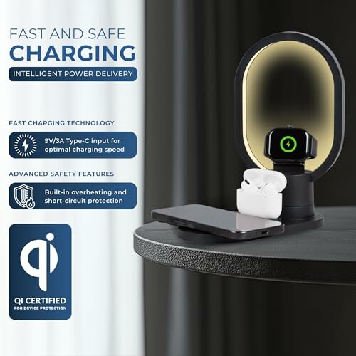 Wireless charging station with smartwatch, earbuds, and phone.