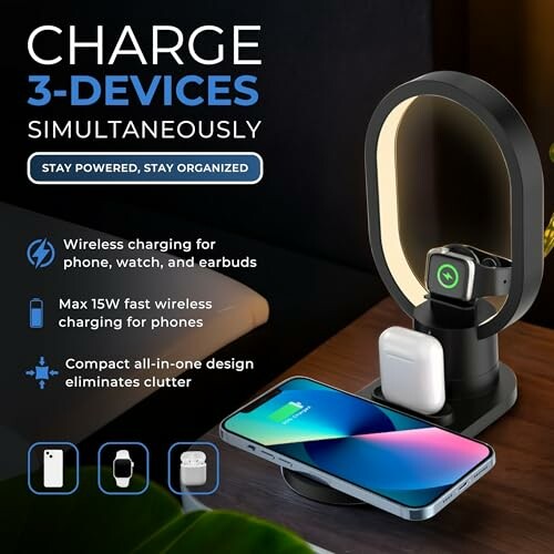 3-device wireless charging station for phone, watch, and earbuds.