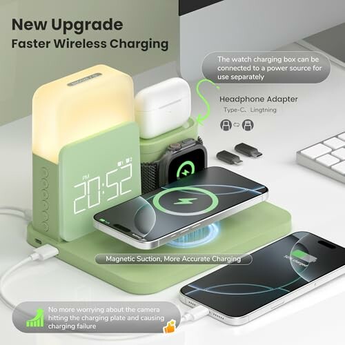 Wireless charging station for multiple devices including phones and smartwatches.