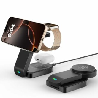 Wireless charging station for phone, smartwatch, and earbuds.