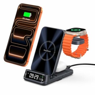 Wireless charging station with smartphone, smartwatch, and earbuds.