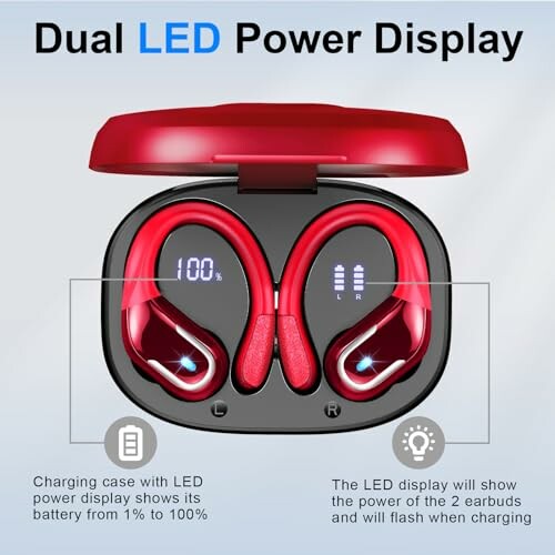 Wireless earbuds with dual LED power display in charging case.