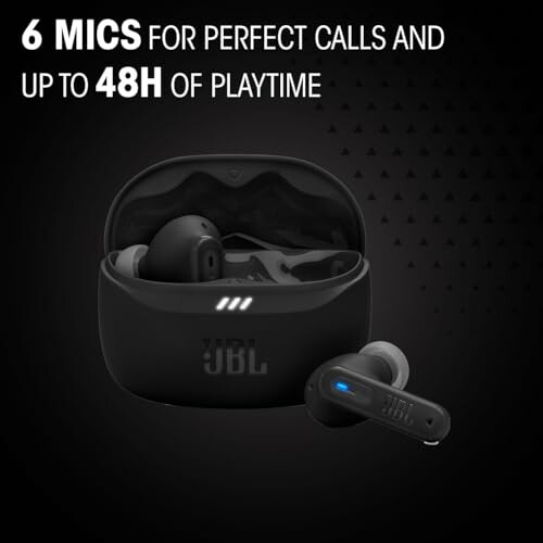 Wireless earbuds with charging case and long battery life.