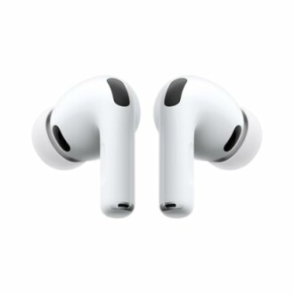 Pair of white wireless earbuds with silicone tips