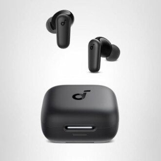 Black wireless earbuds with charging case on a gray background.