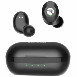 Black wireless earbuds with charging case