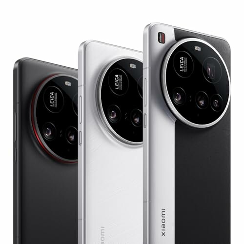 Three Xiaomi smartphones in black, white, and silver with Leica-branded cameras.