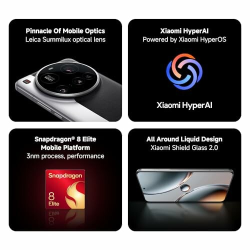 Xiaomi phone features including Leica lens, HyperOS, Snapdragon 8, and liquid design.